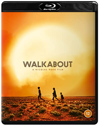 Blu-ray cover for Walkabout showing three silhouettes walking across a bright, sunlit desert landscape.