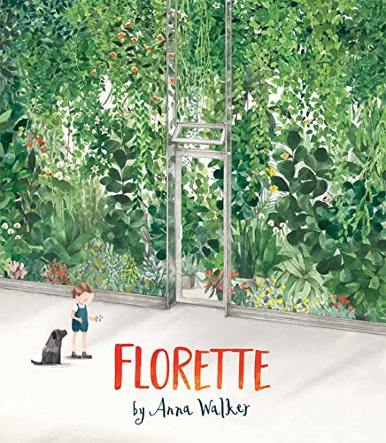 Book cover: boy and dog before a lush, green wall of plants.