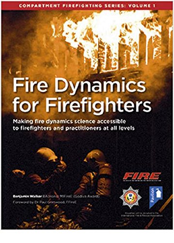 Book cover: “Fire Dynamics for Firefighters” with firefighters and flames.
