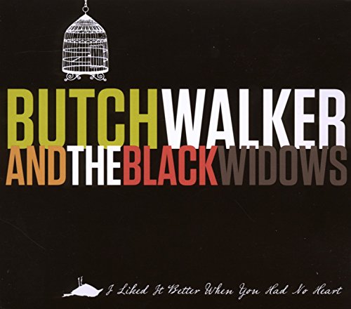 "Album cover with 'BUTCHWALKER AND THE BLACK WIDOWS' text, birdcage, and coffin on black background."