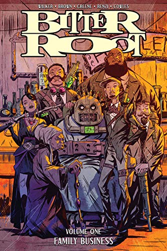 Comic book cover: diverse group with a robot, vintage aesthetic.