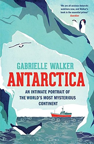 Book cover illustration featuring a red ship, whale tail, penguins, and bird in Antarctica.