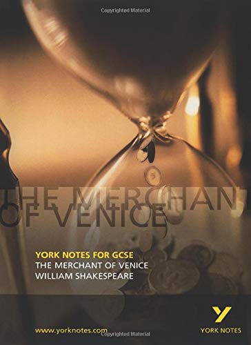 Book cover for "The Merchant of Venice" study guide with coins and hourglass.