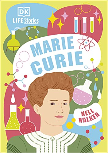 Book cover: portrait of Marie Curie with science imagery.