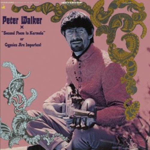 Peter Walker holding a stringed instrument on a pink background with decorative gold flourishes.