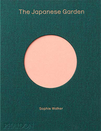 Book cover with green textured background, peach circle, and yellow title text "The Japanese Garden".