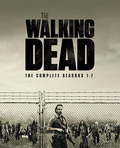 The Walking Dead" seasons 1-7 Blu-ray cover with Rick Grimes and zombies.