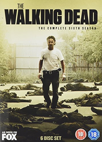 "Walking Dead season 6 DVD cover featuring Rick Grimes standing over dead bodies."