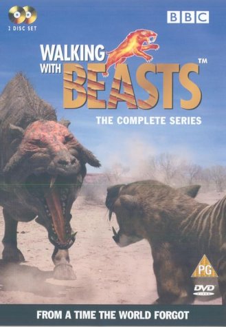 "Walking with Beasts DVD cover featuring prehistoric animals in a desert landscape."