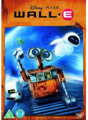Wall-E robot close-up on a yellow background with movie title and DVD branding.