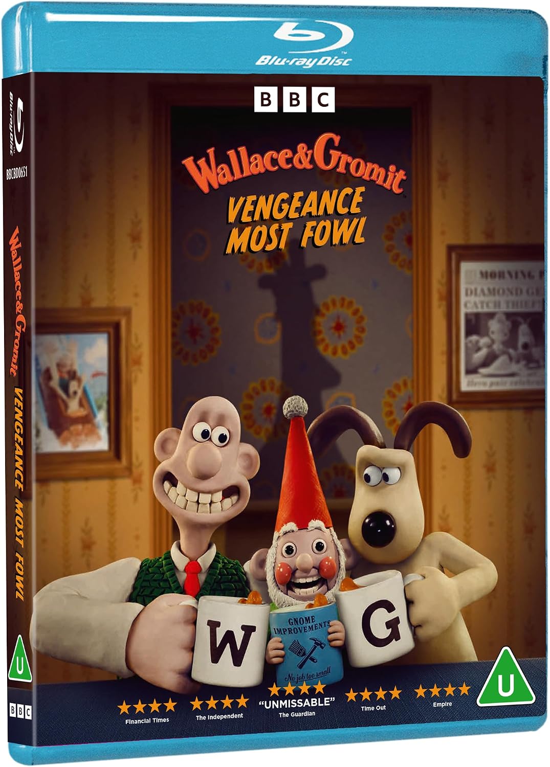 Blu-ray cover featuring Wallace & Gromit with a mischievous garden gnome.