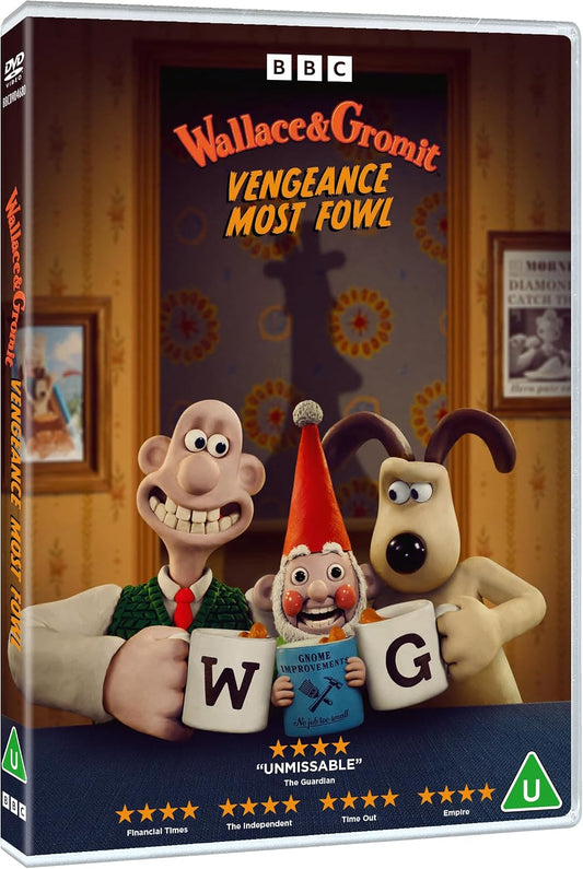 Wallace & Gromit DVD cover featuring the characters with a gnome.