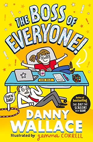 Book cover: girl at a desk, man below, bright yellow background.