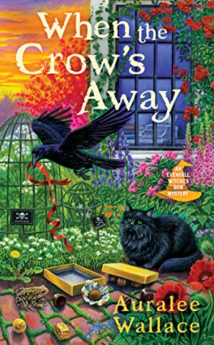 Book cover: crow, black cat, flowers, and a brick path scene.