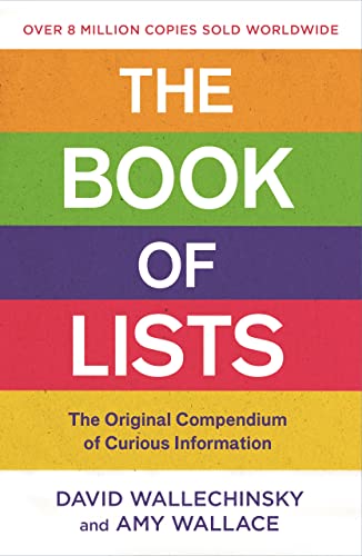 Book cover with horizontal color stripes and white text reading The Book of Lists.