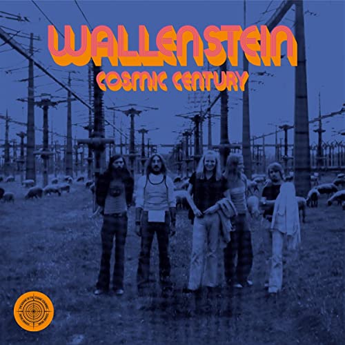 Band posing amongst power lines and sheep, album cover for Wallenstein’s Cosmic Century.