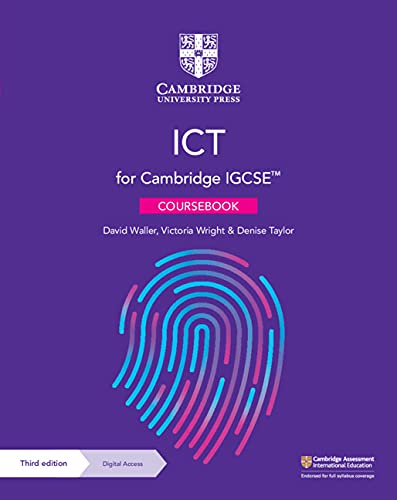 Purple Cambridge IGCSE ICT coursebook cover featuring a blue and pink fingerprint graphic.