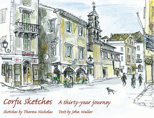 Watercolor street scene of Corfu town with buildings and people.