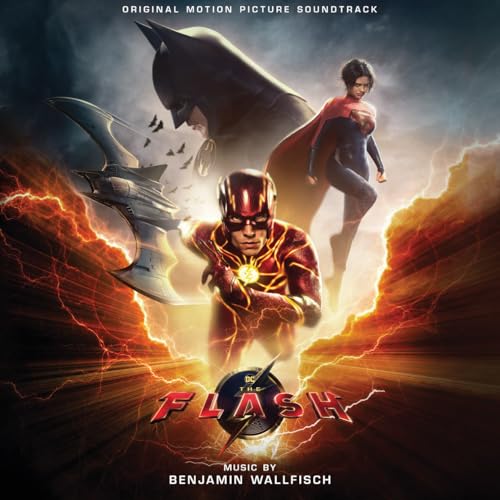 The Flash movie soundtrack cover featuring The Flash, Batman, and Supergirl amid lightning bolts.