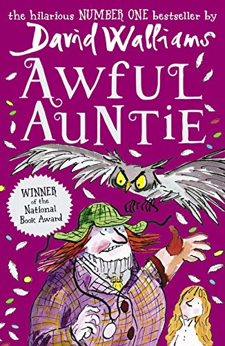 Book cover: "Awful Auntie" with an owl and a woman in a coat.