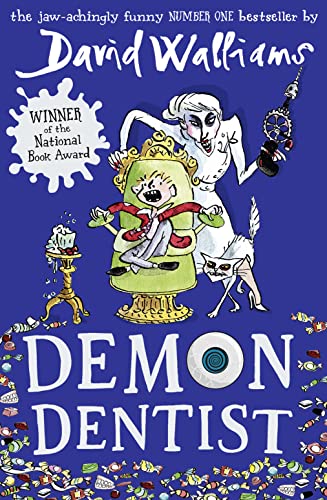 Book cover illustration showing a scary dentist, a child in a chair, and candy.