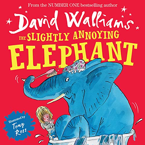 Book cover: blue elephant in a bathtub with a child, illustrated.