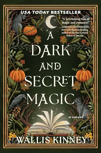 Book cover with title, pumpkins, cats, a raven, and an open book on dark background.