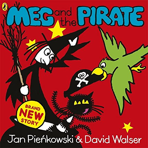 "Red children's book cover featuring a witch, cat, and parrot in pirate attire."