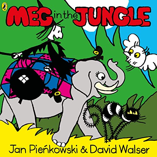 A witch rides an elephant in the jungle with her cat and owl.