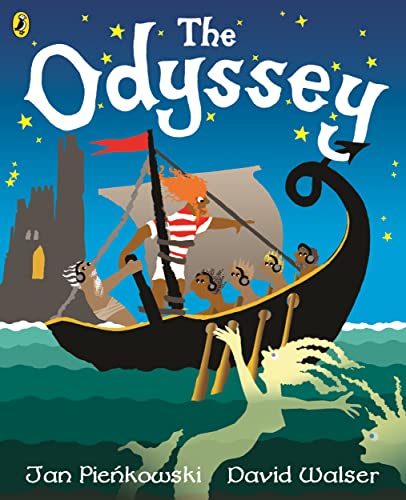 Illustrated book cover of The Odyssey featuring a stylized ship and sea creatures.