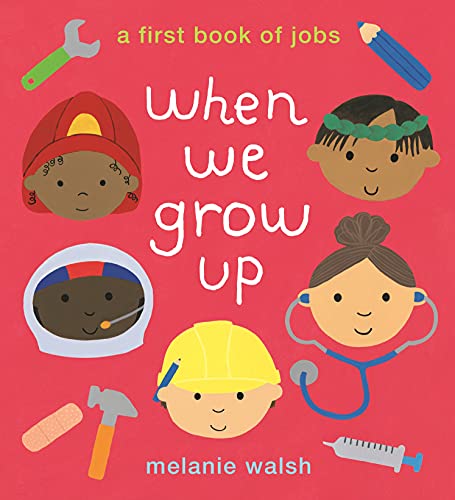 Children’s book cover depicting diverse faces and tools representing various jobs.