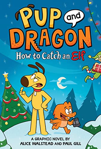 Cartoon dog and dragon characters with a Christmas tree and elf.