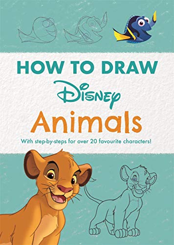 Disney “How to Draw Animals” book cover with Simba, Dory, and drawing steps.