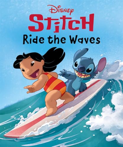 Lilo and Stitch surfing on a wave, book cover illustration.