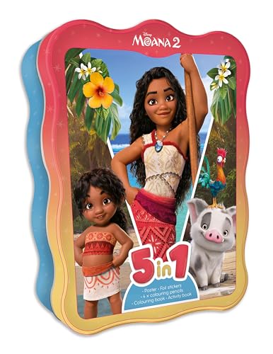 Moana 2 activity tin featuring Moana, Hei Hei, and Pua, with a “5-in-1” label.