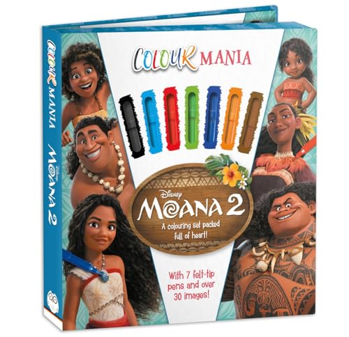 Disney Moana 2" Colourmania colouring set with pens and character images.