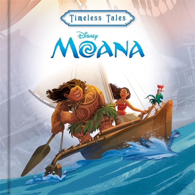 Moana and Maui in a canoe on blue ocean waves.
