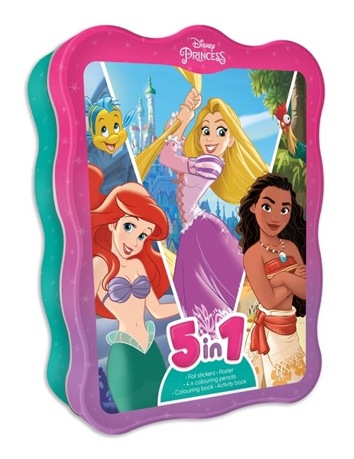 Pink tin with Disney Princesses Ariel, Rapunzel, Moana, and more.