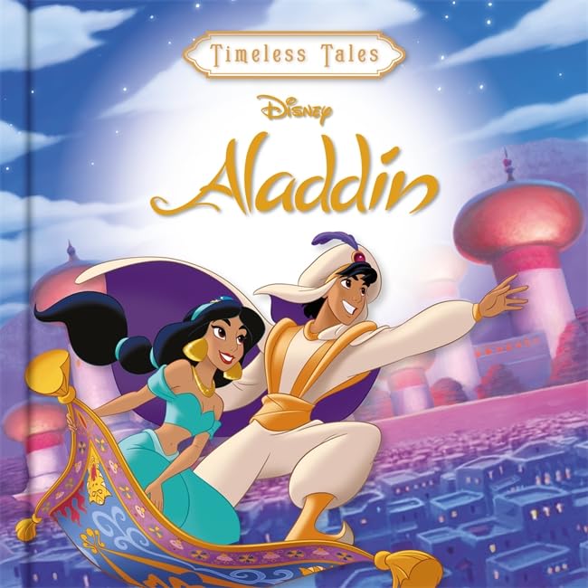 Aladdin and Jasmine on a magic carpet, illustrated cover of a storybook.