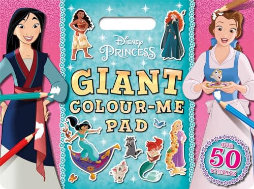 Disney Princess colouring pad with Mulan, Moana, Belle, and Ariel featured.
