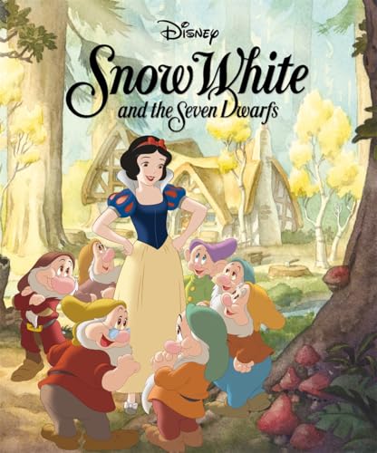 Snow White stands in a forest clearing surrounded by the seven dwarfs.