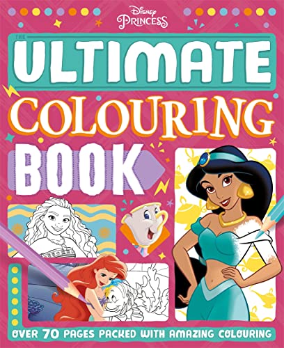 Disney Princess colouring book cover featuring Jasmine and line art scenes.