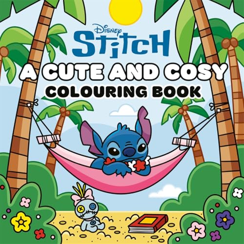 Disney’s Stitch relaxing in a pink hammock between palm trees.