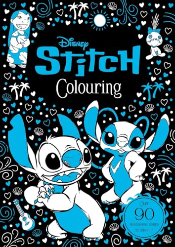 Disney Stitch colouring book cover featuring Stitch, Angel, Lilo, and Scrump on black background.
