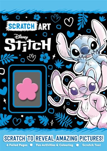 Disney Stitch scratch art book with black background and pink flower.