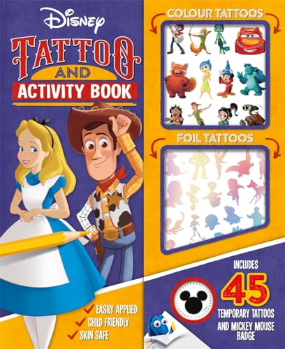 Disney tattoo and activity book cover featuring Alice, Woody, and other characters.