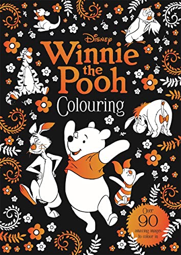 Disney Winnie the Pooh colouring book cover featuring Pooh and friends on black background.