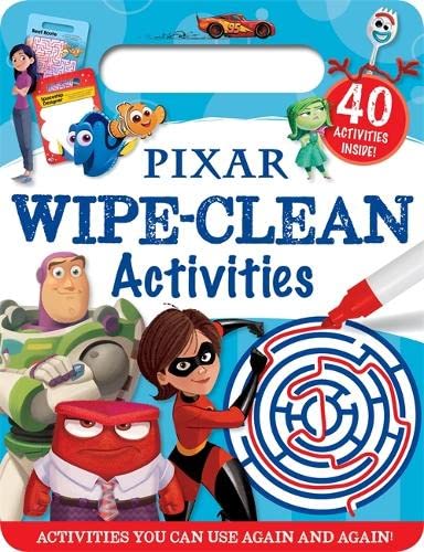 Pixar characters on a wipe-clean activity book with a marker.
