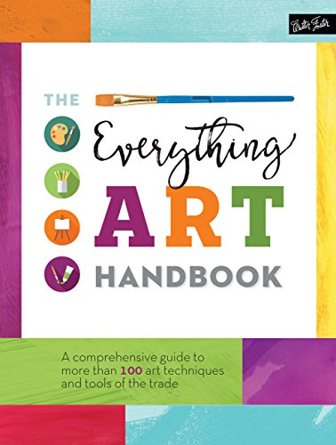 Book cover with art supplies and colorful paint swatches.