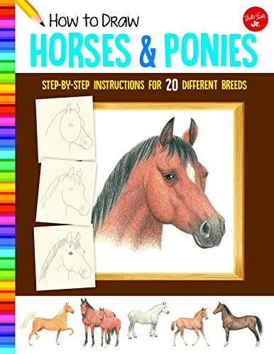Book cover: “How to Draw Horses & Ponies” with horse illustrations.